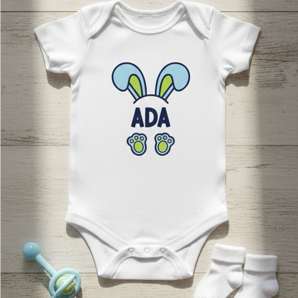 White and Blue Bunny Ears Baby Onesie
